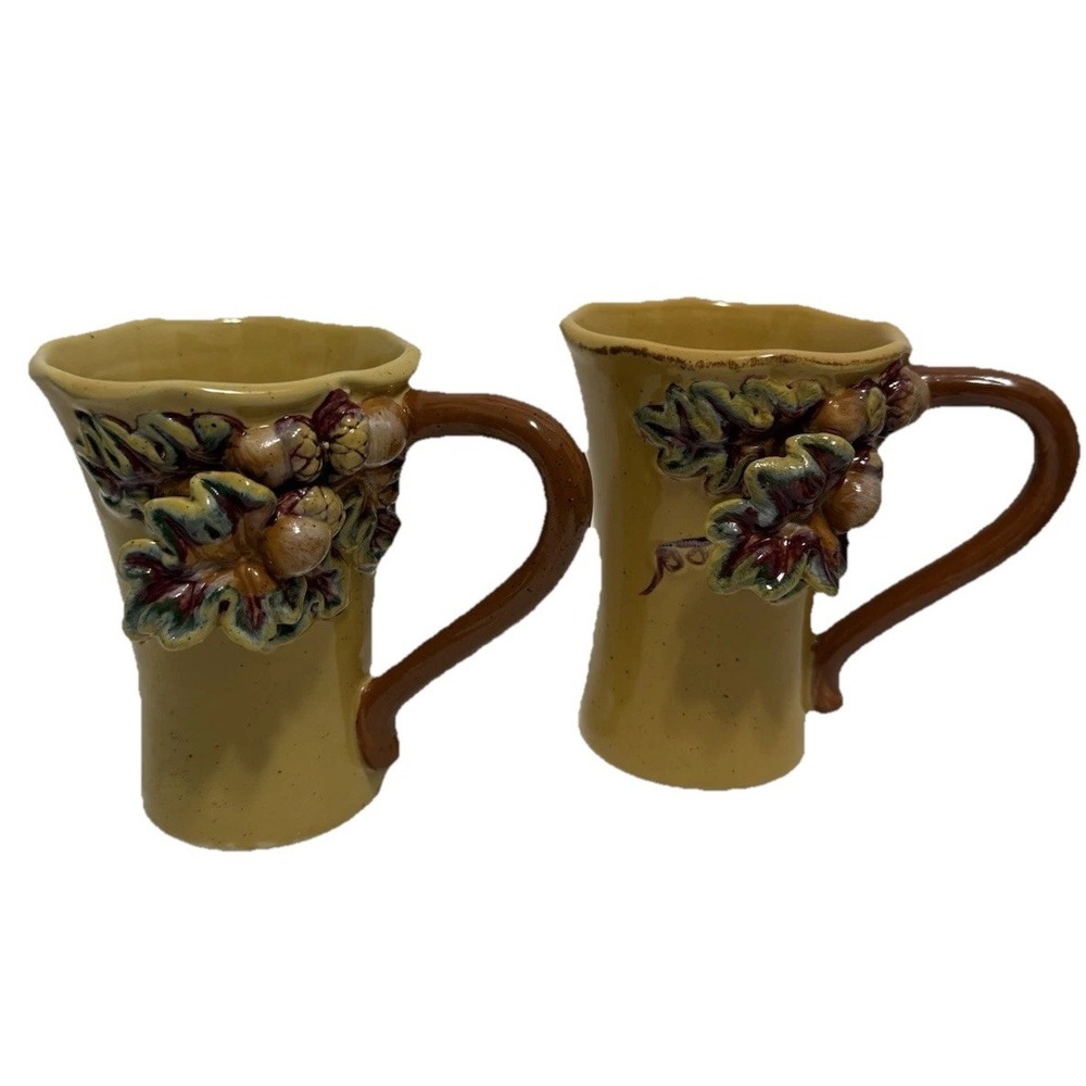 Vintage Embossed Oak Leaf Acorn Mugs Set 2 Rustic Woodland Autumn Cottagecore